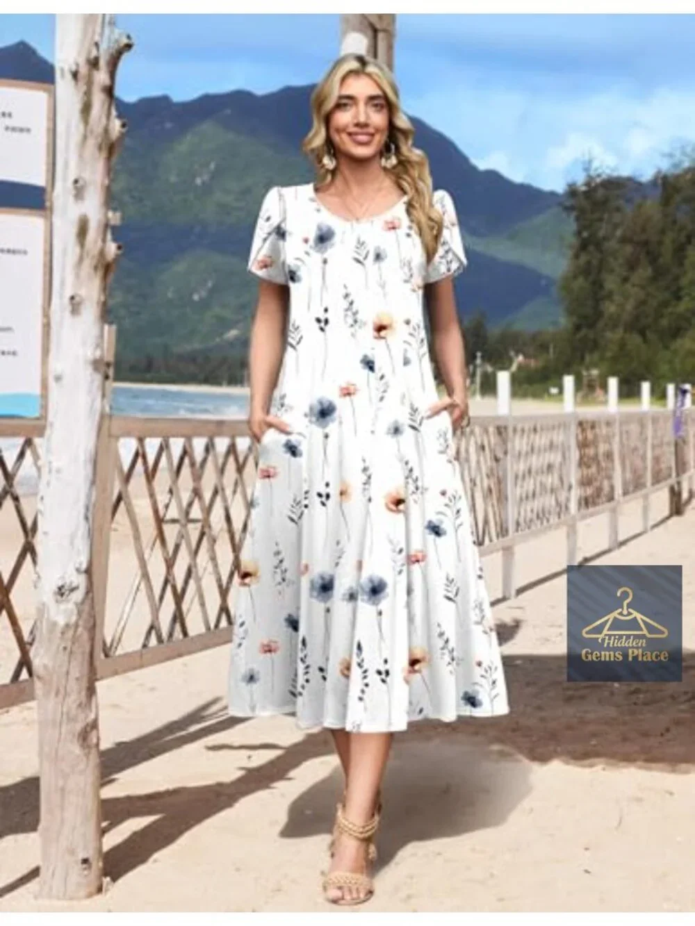 Women's Flowy Midi Sundress Pleated A-Line Casual Dresses with Pockets